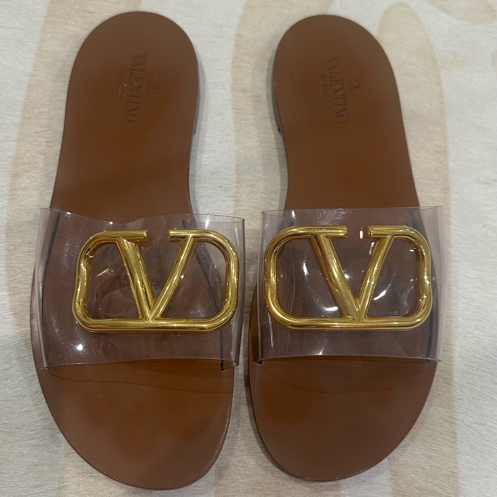 Valentino Clear Gold Logo Sandals/Slides